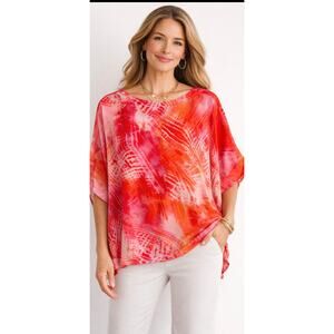 Chico’s Lotus Petal Orange Pink Tie Dye Poncho Blouse Top Size L/XL Beachy Boho
